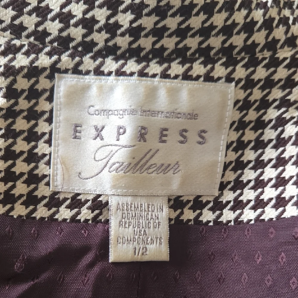 Vintage Express Brown Cream Houndstooth Cropped Tailored Jacket 90s Y2K Academia - Picture 6 of 7